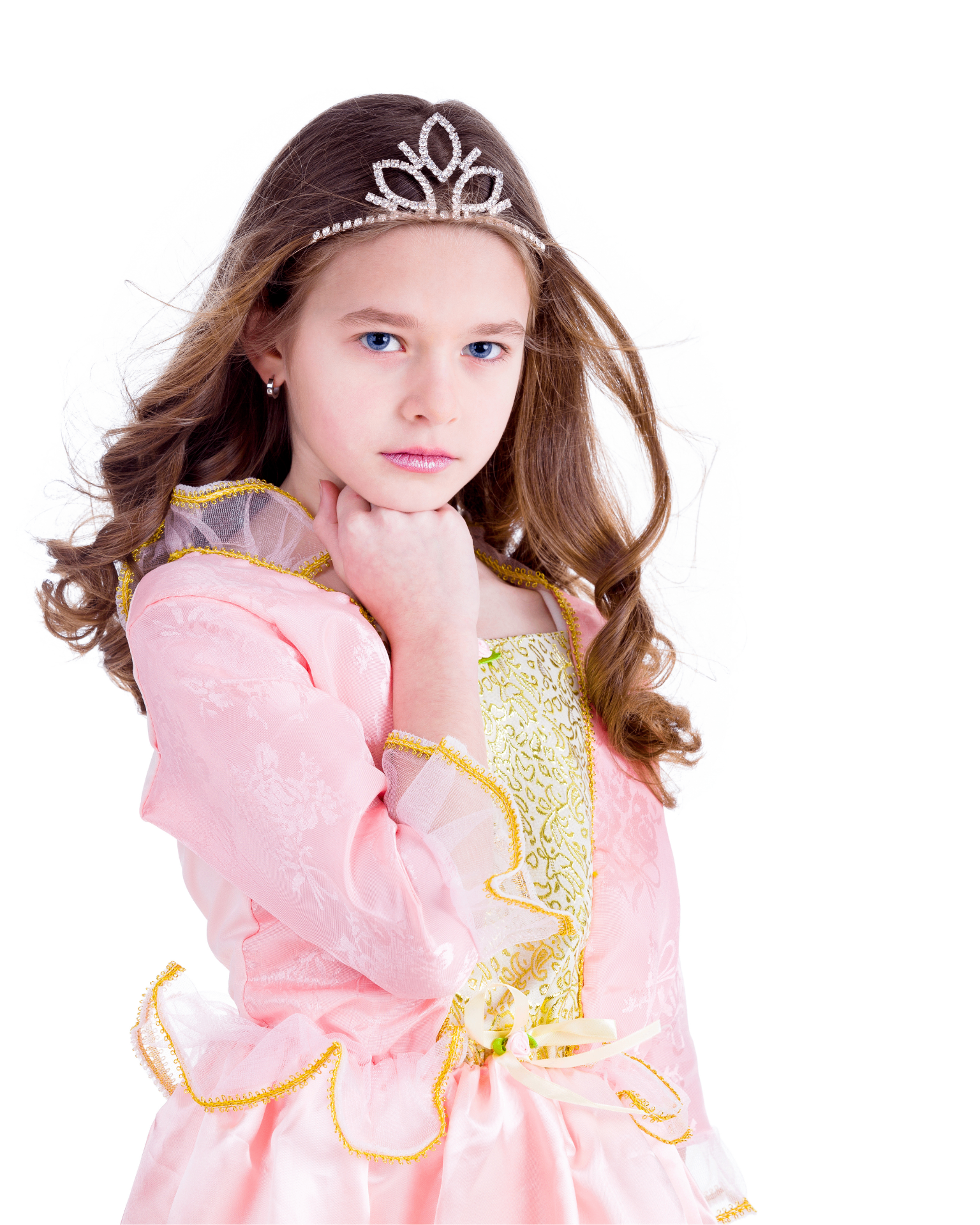 Princess posing in a pink and gold gown with a silver tiara