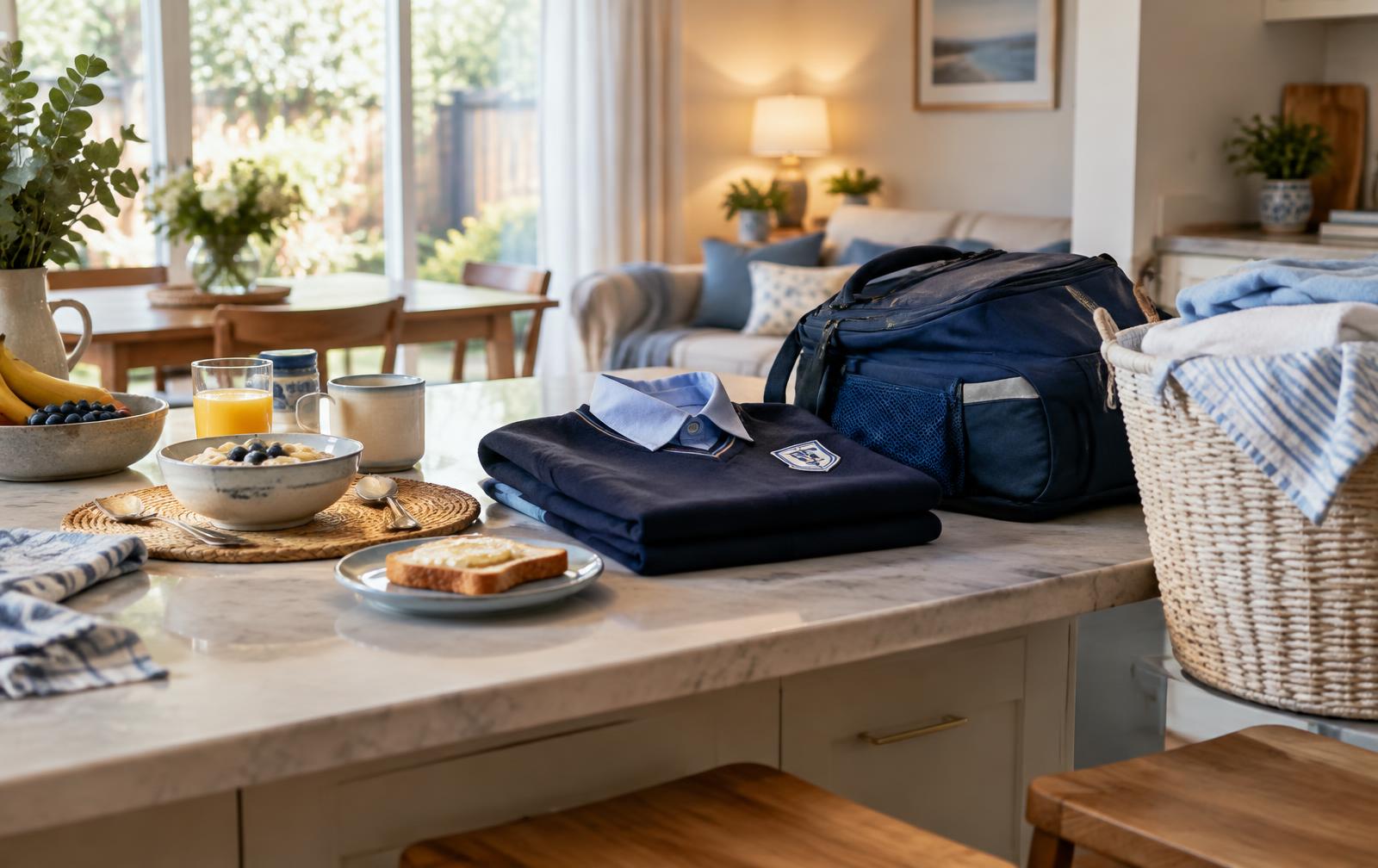 Breakfast, a school uniform and fresh linen prepared in a peaceful family home
